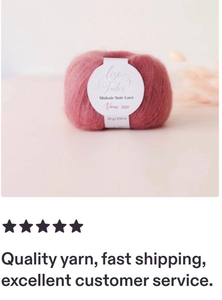 A skein of dusty rose pink yarn with a white circular label reading 'Lise Tufler Mohair Sole Lace Vixen wov', shown on a light beige background with a text overlay below reading 'Quality yarn, fast shipping, excellent customer service.'.