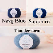 Three skeins of mohair snie lace yarn labeled 'Lise Tailor' shown in different colorways with text overlays: Navy Blue, Sapphire, and Thunderstorm. The top two panels show dark blue yarn, and the bottom panel shows a lighter blue-gray yarn on a soft beige background.