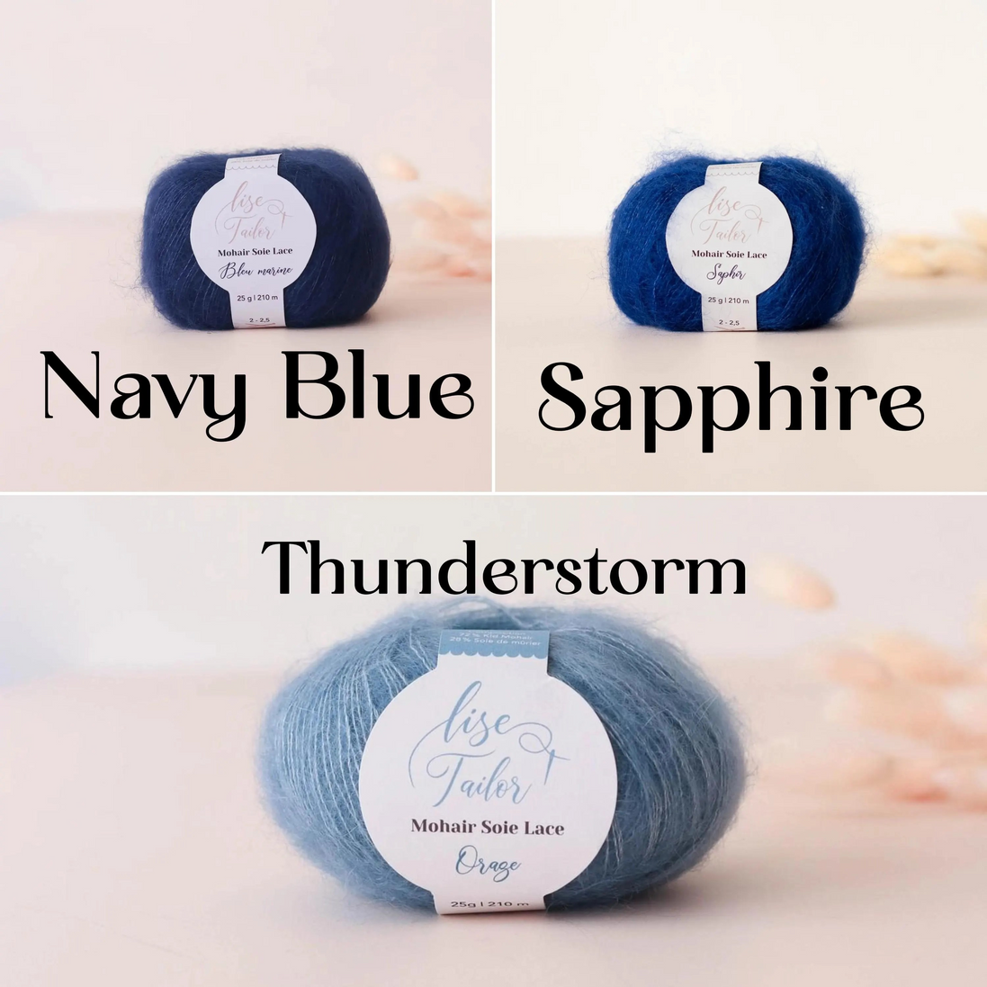 Three skeins of mohair snie lace yarn labeled 'Lise Tailor' shown in different colorways with text overlays: Navy Blue, Sapphire, and Thunderstorm. The top two panels show dark blue yarn, and the bottom panel shows a lighter blue-gray yarn on a soft beige background.