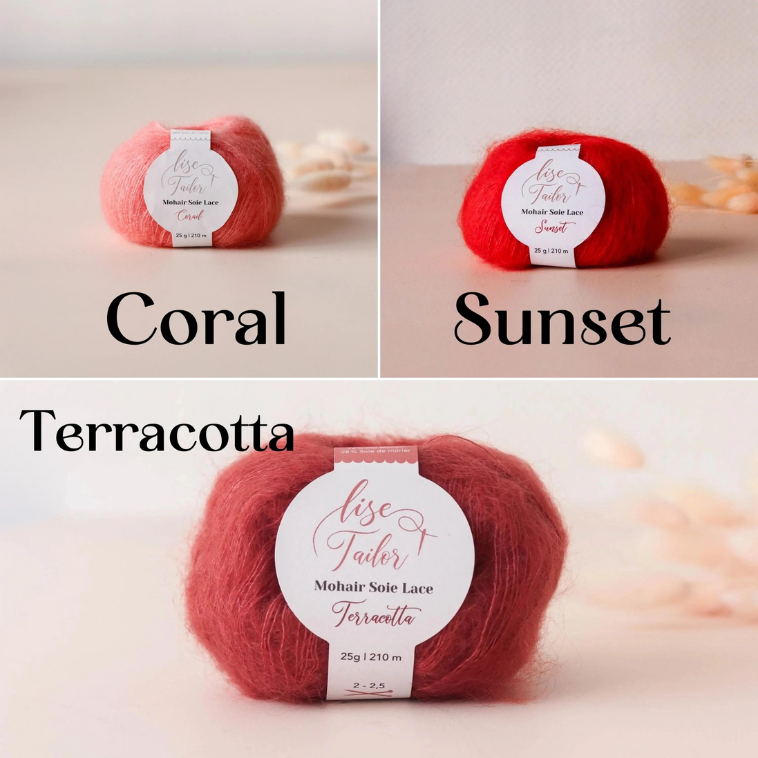 Three skeins of lace yarn shown in a three-panel collage labeled Coral, Sunset, and Terracotta. Each panel shows the yarn ball with a white paper label reading 'Lise Tauler Mohair Sole Lace' on a soft beige background with blurred decorative elements.