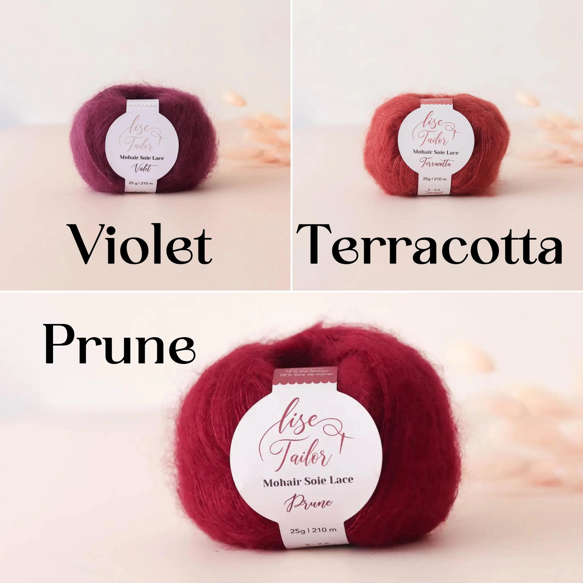 Three yarn balls shown on a light beige background with text labels: Violet in a deep violet-purple shade, Terracotta in a muted reddish-brown tone, and Prune in a rich burgundy-red shade. Each ball has a white circular label reading 'Lise Tailor Mohair Sole Lace.
