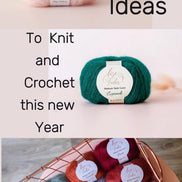 A promotional collage for yarn featuring three labeled skeins of yarn and overlaid text reading '50 New Ideas To Knit and Crochet this new Year.' The top yarn is pale blush pink, the middle is deep teal green, and the bottom row shows a basket with multiple yarn colors including blue, red, orange, and mauve.