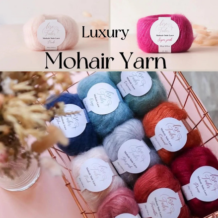 A collage showing several skeins of luxury mohair yarn in different colors, including pink, blue, orange, red, and gray, arranged in a basket with dried flowers. Text at the top reads 'Luxury Mohair Yarn'.