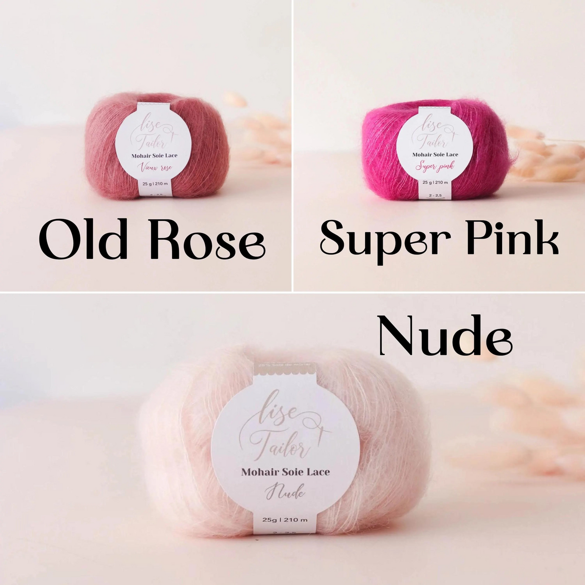 Three skeins of mohair sole lace yarn arranged in a three-panel collage with text labels. Top left panel shows a dusty rose/pink skein labeled 'Old Rose.