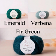 Three yarn balls shown in a three-panel collage with labels and text names: Emerald, Verbena, and Fir Green. The top-left panel shows a deep emerald green yarn ball with a white circular label reading 'Rose Tailor' and 'Mohair Sole Lace.