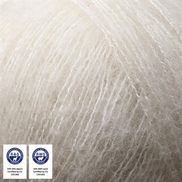 Close-up of fluffy off-white or cream-colored hair fibers, likely a wig or hair extension sample, with two certification badges in the bottom-left corner.