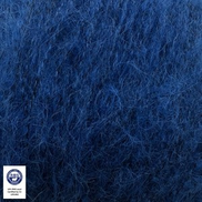 Close-up of blue textured fabric with a visible brand logo in the corner.