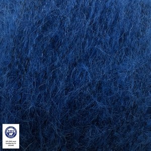 Close-up of blue textured fabric with a visible brand logo in the corner.