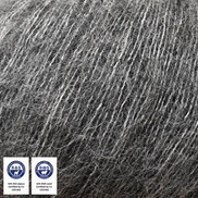 A close-up of dark gray to black synthetic fiber mesh or felt material with fine strands, showing texture and weave. Two small certification-style logos appear in the lower left corner.