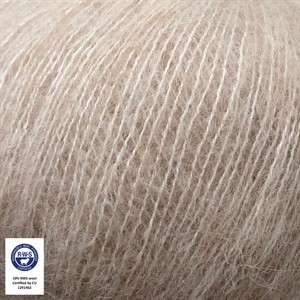Close-up of brown yarn with RWS certification logo in the corner