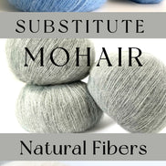 Three skeins of yarn in different colors: a dusty blue top, a heathered gray in the middle, and an off-white/cream bottom. Text overlays read 'SUBSTITUTE MOHAIR' and 'Natural Fibers' with a logo for 'Chic & Cozy Yarn Shop'.