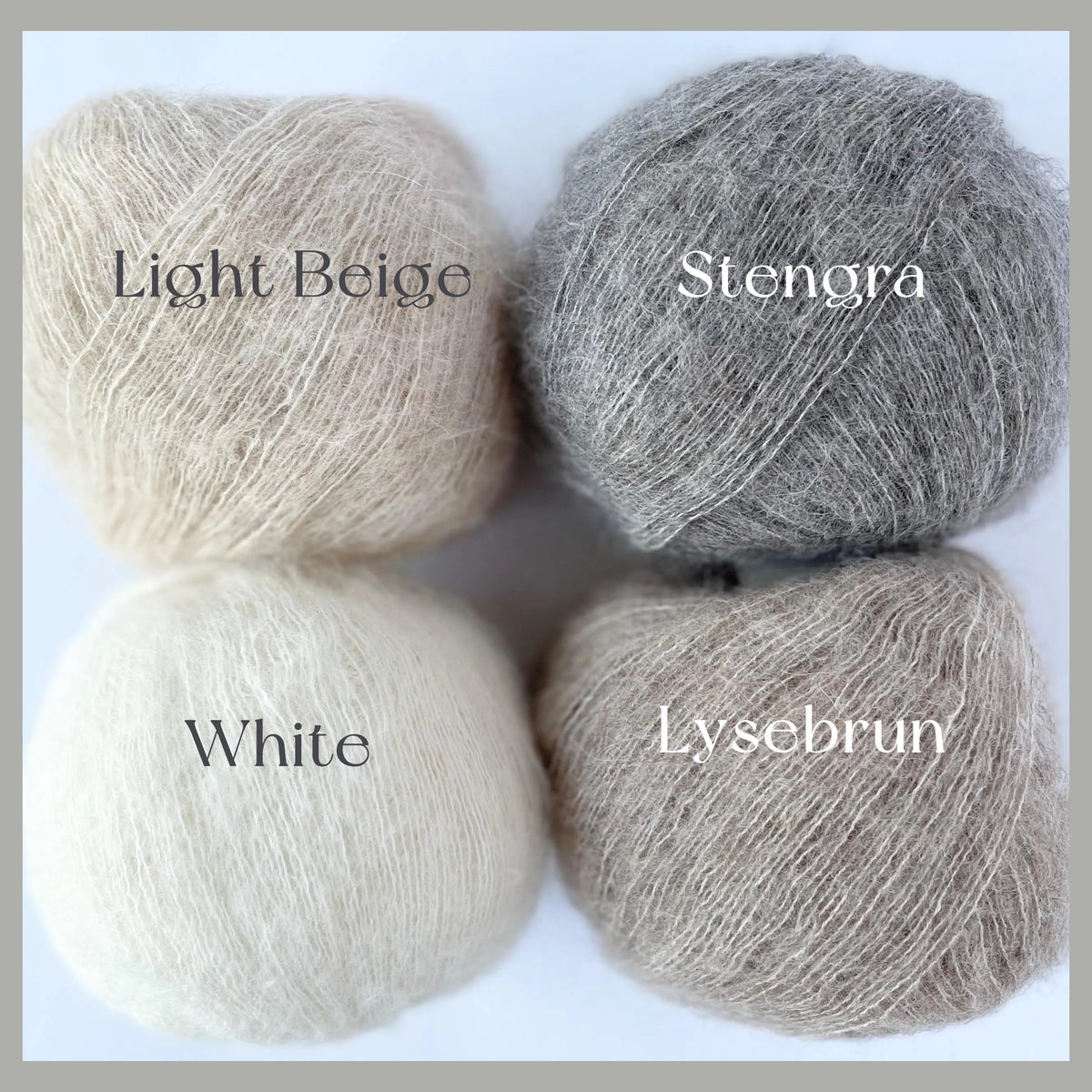 Four balls of yarn arranged in a 2x2 grid on a white background, labeled 'Light Beige,' 'Stengra,' 'White,' and 'Lysebrun.'