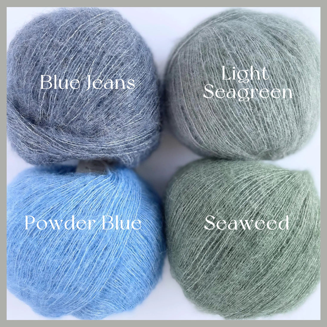 Four balls of yarn arranged in a 2x2 grid on a white background, each labeled with its color name: Blue Jeans, Light Seagreen, Powder Blue, and Seaweed.