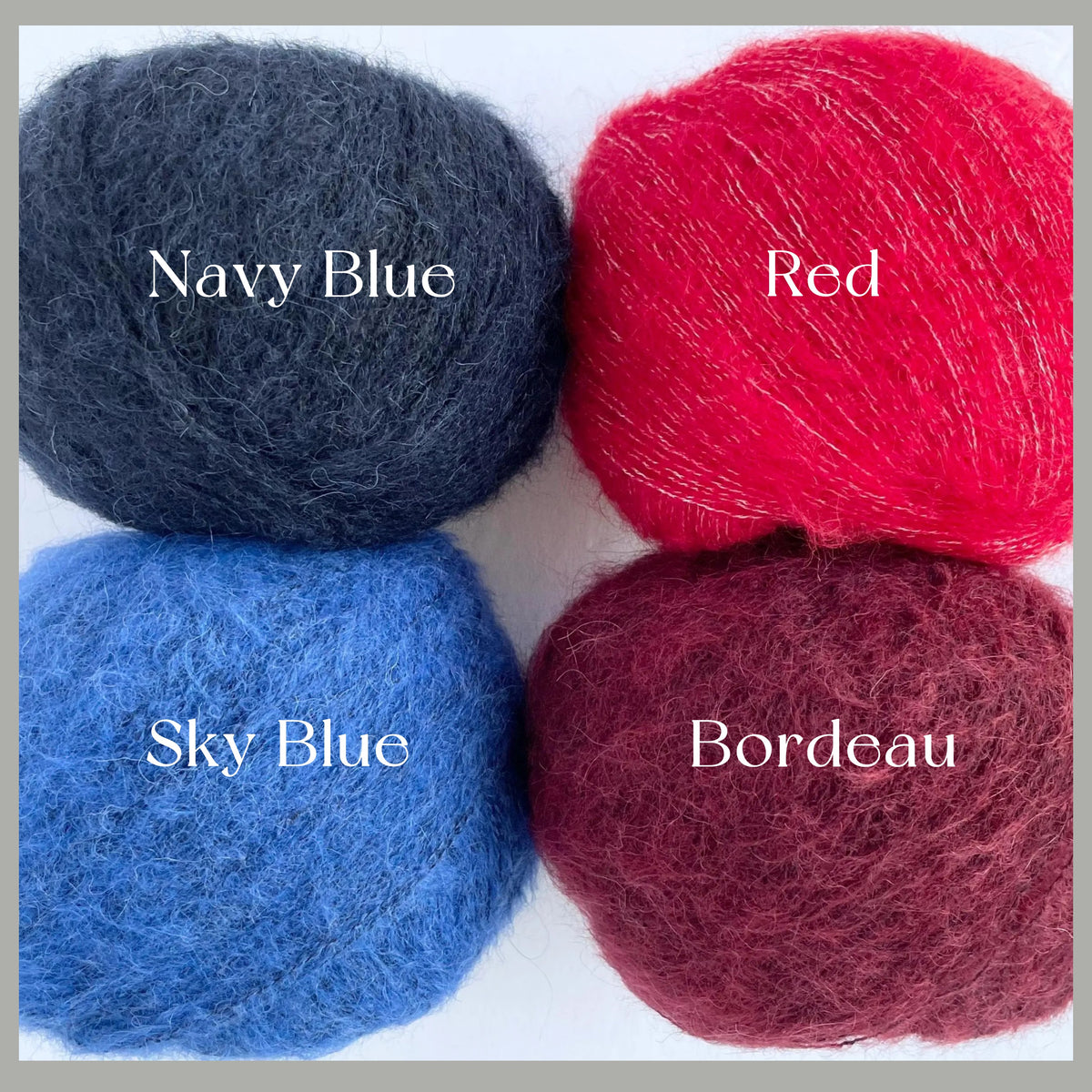 Four fuzzy yarn balls arranged in a 2x2 grid on a white background, labeled with text reading Navy Blue, Red, Sky Blue, and Bordeaux.