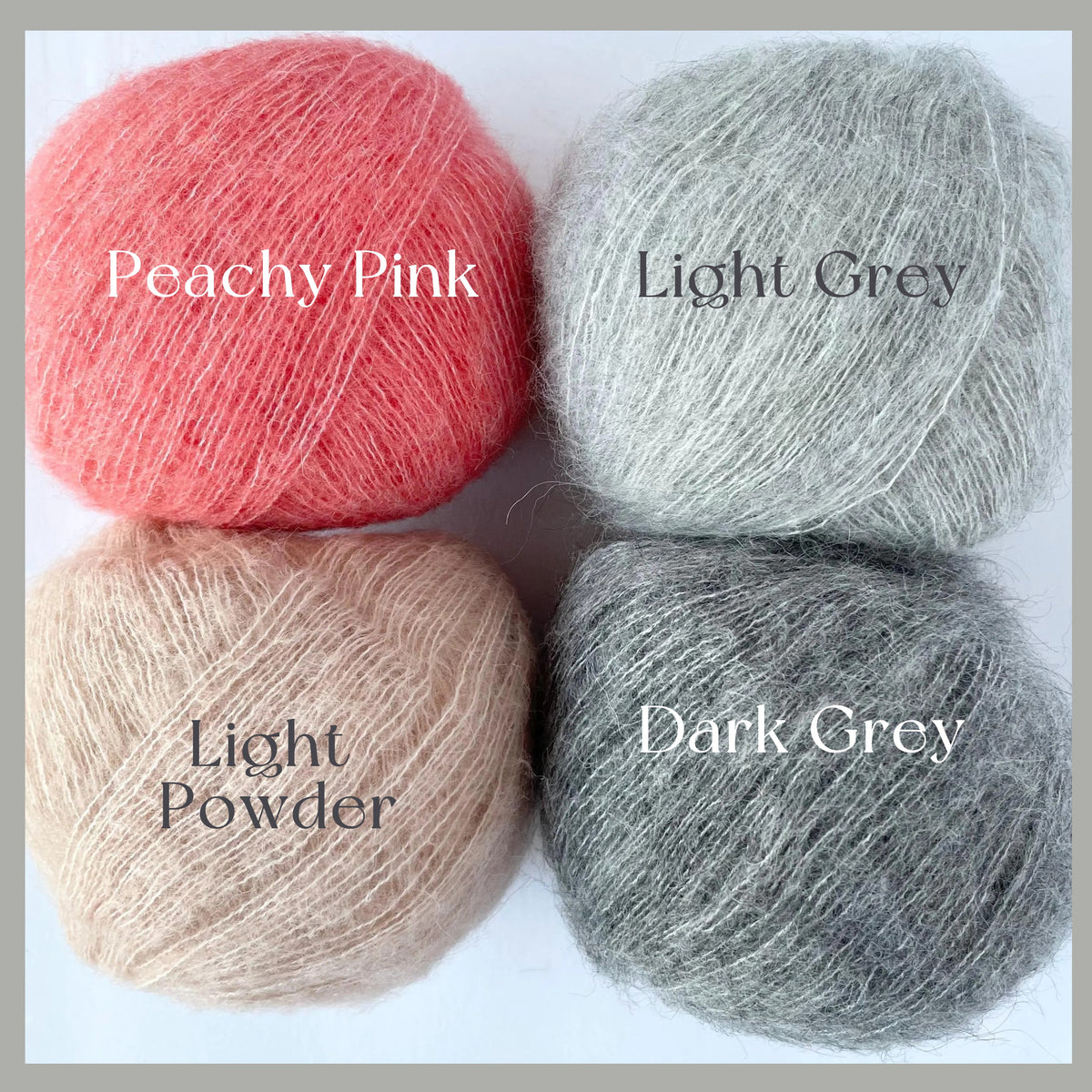 Four balls of fuzzy yarn arranged in a 2x2 grid on a white background, each labeled with its color name: Peachy Pink, Light Grey, Light Powder, and Dark Grey.