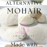 A collage of yarn skeins in soft sage green, cream, and blush pink tones, with text reading 'ALTERNATIVE MOHAIR' and 'Made with Natural Fibers.' A pink logo for 'Chic & Cozy Yarn Shop' is visible in the center.