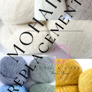A collage of multiple skeins of yarn in assorted colors, including cream, pink, green, gray, blue, yellow, and peach, with large overlaid text reading 'MOHAIR REPLACEMENT' and 'Made with Natural Fibers'.