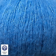 Close-up of blue yarn with a RWS label indicating wool content.
