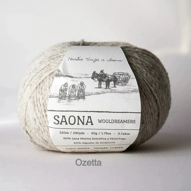 A ball of wool yarn with a white paper label reading 'SAONA WOODREAMERS' and 'Ozetta' at the bottom, photographed against a plain light background.