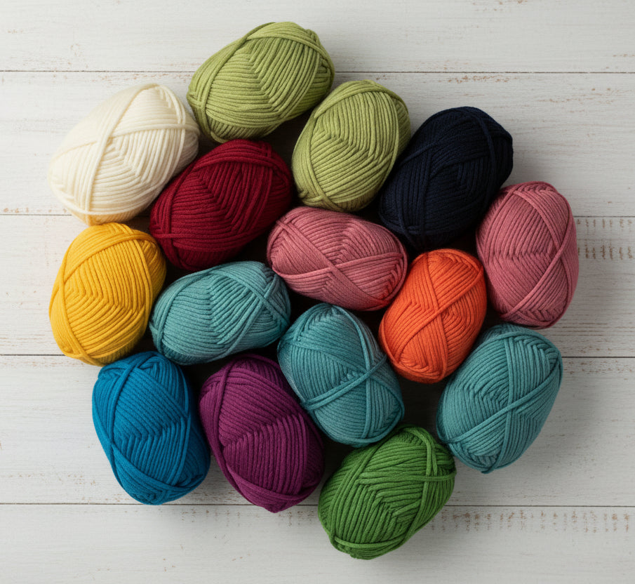Bulky Weight Yarn 100% Merino Wool Super Bulky Yarn Weight 6 Chunky Natural Wool Yarn for Knitting & Crochet Quick Project Yarn. A collection of colorful yarn skeins arranged in a circle on a white wooden surface. The yarns come in a variety of colors including cream, olive green, navy, mustard yellow, teal, pink, orange, purple, and forest green.