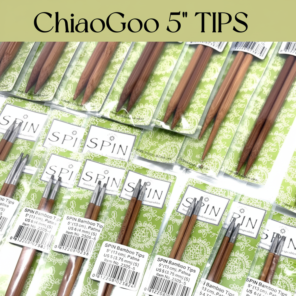 5" Wooden Knitting Needles 13 cm Chiaogoo Bamboo Needle TIPS SPIN Interchangeable Needle All Sizes US3 4 5 6 7 8 9 10 10.5 11 for Red Lace Cable Smooth Knitting Lightweight. A collage showing multiple packaged bamboo knitting or embroidery tips labeled CHIAOGOO 5" TIPS, Size US 3 - US 11, for interchangeable cords. The tips are brown wood with silver metal ends, arranged on a light green patterned backing card.