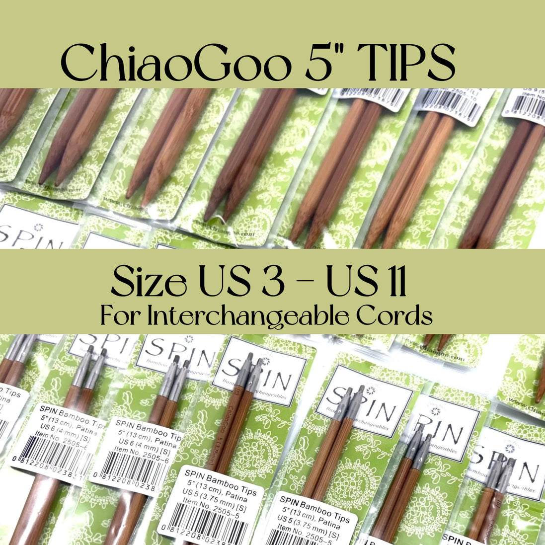 5" Wooden Knitting Needles 13 cm Chiaogoo Bamboo Needle TIPS SPIN Interchangeable Needle All Sizes US3 4 5 6 7 8 9 10 10.5 11 for Red Lace Cable Smooth Knitting Lightweight. ChiaoGoo 5-inch knitting needle tips packaging with labels on a green background