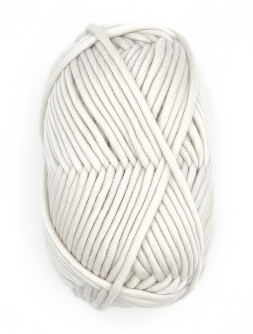 Bulky Weight Yarn 100% Merino Wool Super Bulky Yarn Weight 6 Chunky Natural Wool Yarn for Knitting & Crochet Quick Project Yarn. A skein of chunky off-white yarn with a red and white paper label reading 'World of Wool Chubbs Super Chunky 100% Merino Yarn' on a white marble background.