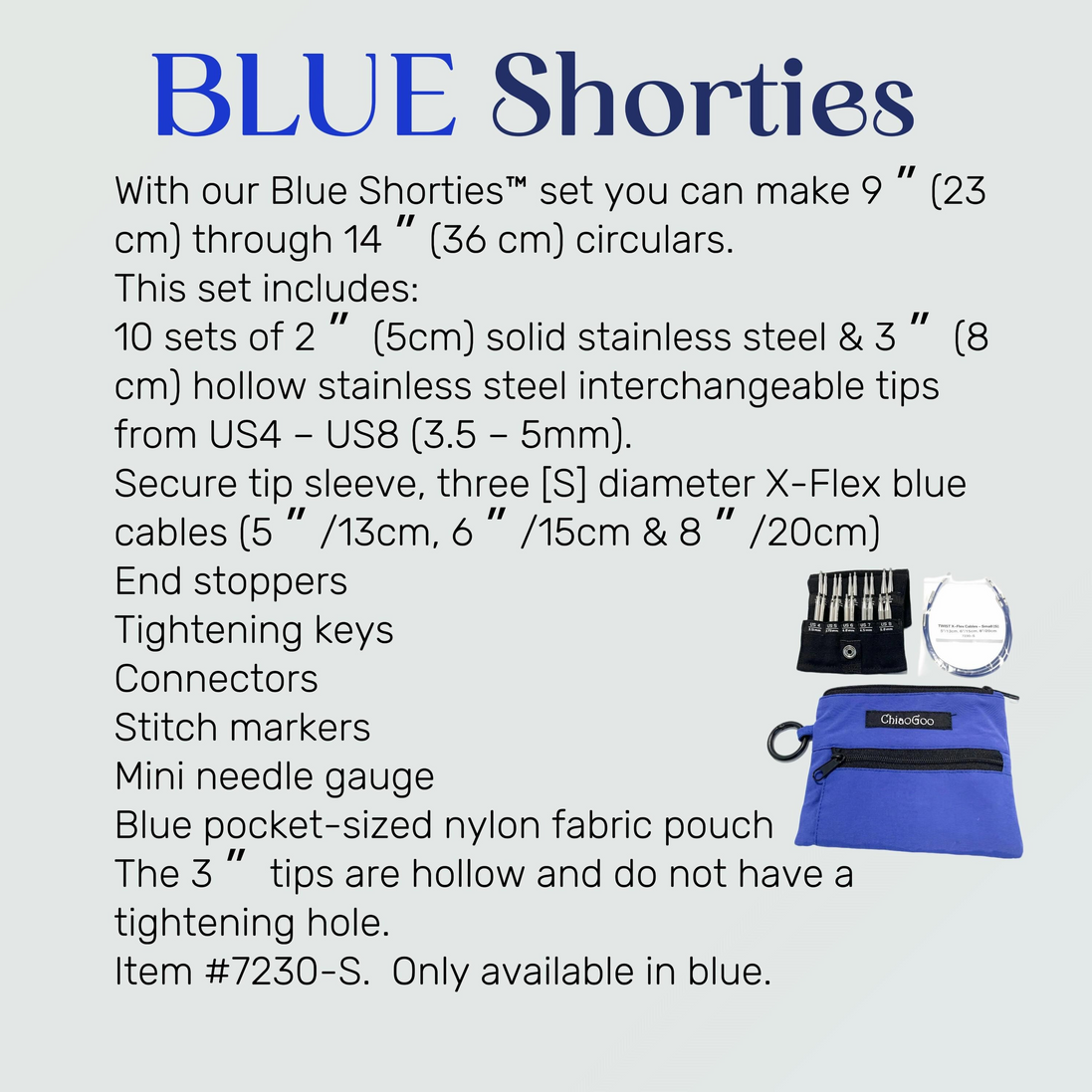 Chiaogoo Mini Knitting Needle Chiaogoo SHORTIE TWIST Red Blue Yellow Mini Knitting Needle Set for Small Circumference Sock Knitting Sleeves Baby Clothes. Text-heavy product information card for a blue needle gauge set titled 'BLUE Shorties' on a pale blue background, with a small inset photo showing the blue pouch and included accessories.