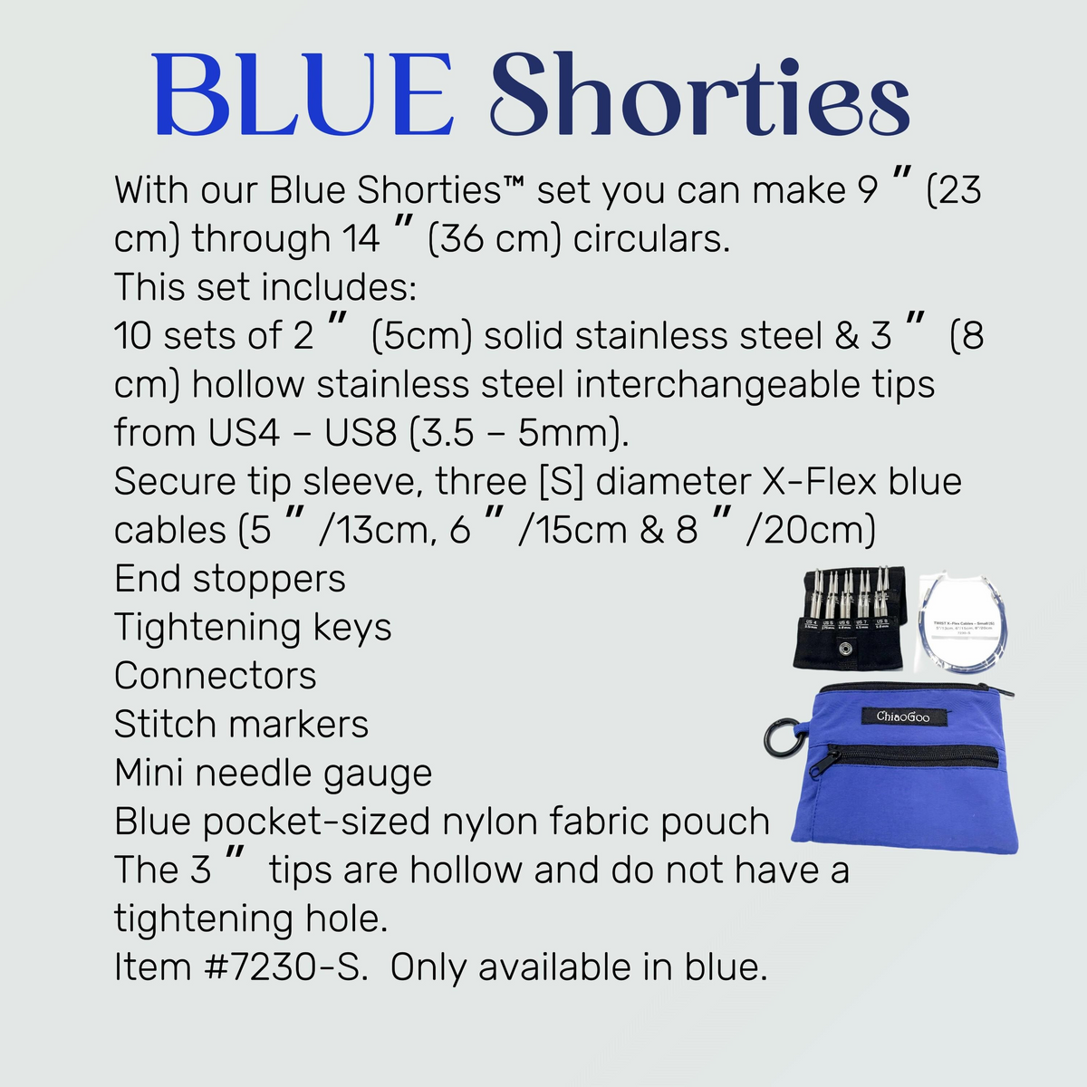 Chiaogoo Mini Knitting Needle Chiaogoo SHORTIE TWIST Red Blue Yellow Mini Knitting Needle Set for Small Circumference Sock Knitting Sleeves Baby Clothes. Text-heavy product information card for a blue needle gauge set titled 'BLUE Shorties' on a pale blue background, with a small inset photo showing the blue pouch and included accessories.