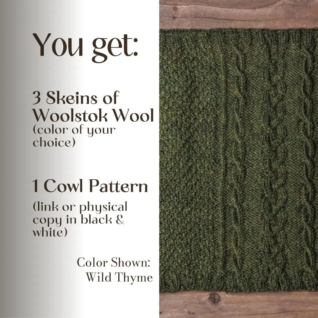 Knit Pattern + 3 Skeins of Wool Knit Cowl Pattern Knit Project Woolstok Yarn by Blue Sky Fibers Stylish Scarf Pattern Excellent Cable Definition Yarn