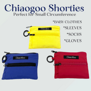 Chiaogoo Mini Knitting Needle Chiaogoo SHORTIE TWIST Red Blue Yellow Mini Knitting Needle Set for Small Circumference Sock Knitting Sleeves Baby Clothes. Three small zip pouches with ring clips on a light gray background. The top pouch is bright yellow, the bottom left is blue, and the bottom right is red.