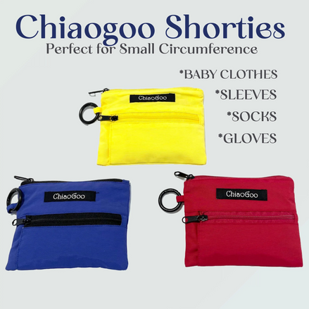 Chiaogoo Mini Knitting Needle Chiaogoo SHORTIE TWIST Red Blue Yellow Mini Knitting Needle Set for Small Circumference Sock Knitting Sleeves Baby Clothes. Three small zip pouches with ring clips on a light gray background. The top pouch is bright yellow, the bottom left is blue, and the bottom right is red.