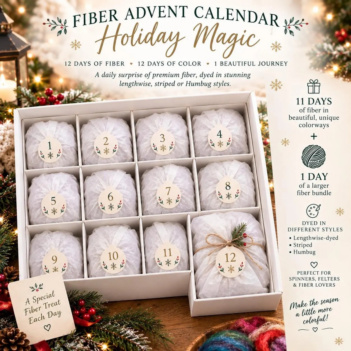 Fiber Advent Calendar 12 Days Natural Fiber Wool Yarn Advent Calendar Gift Spinning Knitting Crochet Gift Fiber Lover Gift Weave Felt 3D Art
