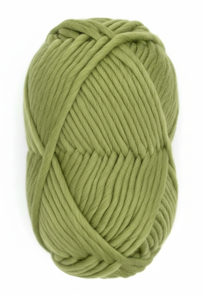 Bulky Weight Yarn 100% Merino Wool Super Bulky Yarn Weight 6 Chunky Natural Wool Yarn for Knitting & Crochet Quick Project Yarn. A skein of chunky olive green yarn with a red and white paper label reading 'World of Wool Chubbs' on a light marble background.