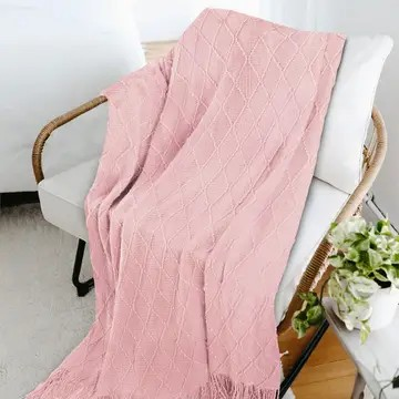 Knit Throw Blanket Soft Lightweight Warm Cozy All Season Sofa Bed Couch Fade Resistant Accent Diamond Pattern Fringe Gift Textured