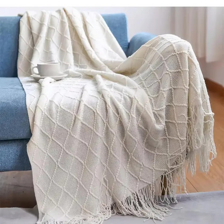 Knit Throw Blanket Soft Lightweight Warm Cozy All Season Sofa Bed Couch Fade Resistant Accent Diamond Pattern Fringe Gift Textured