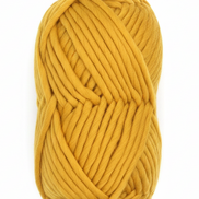 Bulky Weight Yarn 100% Merino Wool Super Bulky Yarn Weight 6 Chunky Natural Wool Yarn for Knitting & Crochet Quick Project Yarn. A skein of chunky mustard yellow merino yarn with a white and maroon paper label reading 'World of Wool Chubbs' on a white marble background.