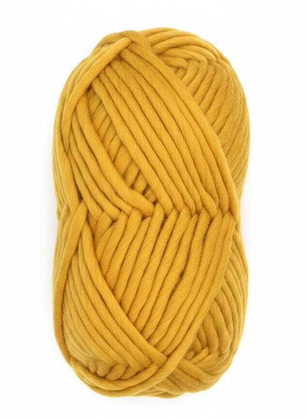 Bulky Weight Yarn 100% Merino Wool Super Bulky Yarn Weight 6 Chunky Natural Wool Yarn for Knitting & Crochet Quick Project Yarn. A skein of chunky mustard yellow merino yarn with a white and maroon paper label reading 'World of Wool Chubbs' on a white marble background.
