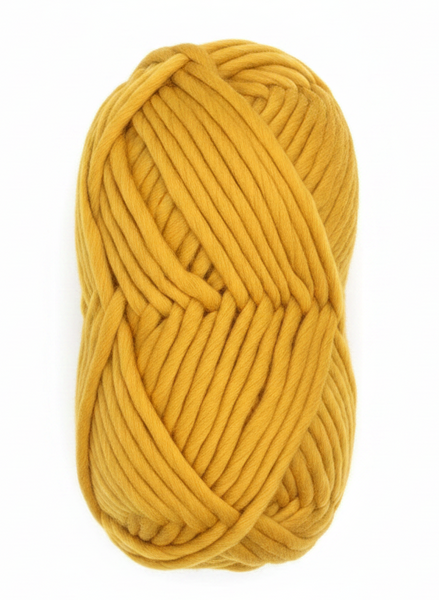 Bulky Weight Yarn 100% Merino Wool Super Bulky Yarn Weight 6 Chunky Natural Wool Yarn for Knitting & Crochet Quick Project Yarn. A skein of chunky mustard yellow merino yarn with a white and maroon paper label reading 'World of Wool Chubbs' on a white marble background.