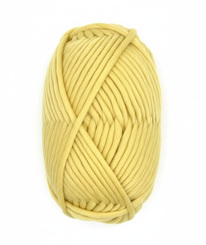 Bulky Weight Yarn 100% Merino Wool Super Bulky Yarn Weight 6 Chunky Natural Wool Yarn for Knitting & Crochet Quick Project Yarn. A skein of mustard yellow yarn with a white and maroon paper label reading 'World of Wool Chubbs' on a white marble background.