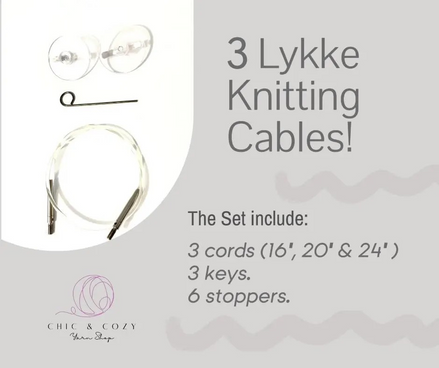 Lykke Knitting Cords SET of 3 Cables Cords Clear Color Size 16 20 24 Inches For Interchangeable Knitting Needle Rotating Cord Key Stopper