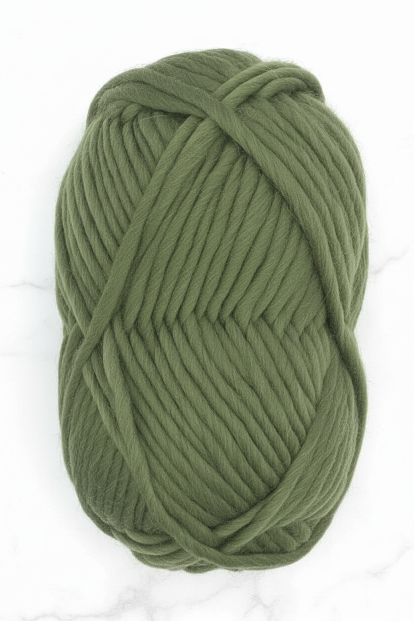Bulky Weight Yarn 100% Merino Wool Super Bulky Yarn Weight 6 Chunky Natural Wool Yarn for Knitting & Crochet Quick Project Yarn. A skein of olive green chunky yarn with a red and white paper label reading 'World of Wool Chubbs' on a white marble background.