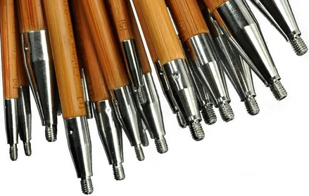5" Wooden Knitting Needles 13 cm Chiaogoo Bamboo Needle TIPS SPIN Interchangeable Needle All Sizes US3 4 5 6 7 8 9 10 10.5 11 for Red Lace Cable Smooth Knitting Lightweight. A close-up of multiple wooden knitting needles with silver metal tips arranged diagonally on a plain white background.