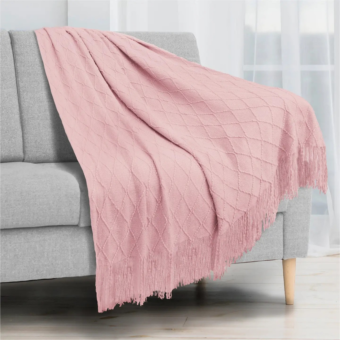 Knit Throw Blanket Soft Lightweight Warm Cozy All Season Sofa Bed Couch Fade Resistant Accent Diamond Pattern Fringe Gift Textured