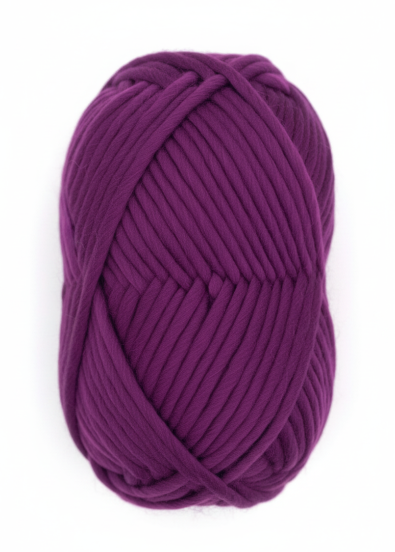 Bulky Weight Yarn 100% Merino Wool Super Bulky Yarn Weight 6 Chunky Natural Wool Yarn for Knitting & Crochet Quick Project Yarn. A skein of chunky purple yarn wrapped with a paper label that reads 'World of Wool Chubbs Super Chunky 100% Merino Yarn' on a white marble background.