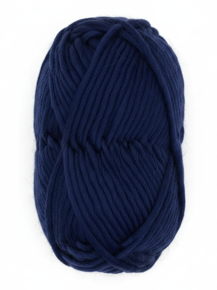 Bulky Weight Yarn 100% Merino Wool Super Bulky Yarn Weight 6 Chunky Natural Wool Yarn for Knitting & Crochet Quick Project Yarn. A skein of chunky navy blue yarn with a red and white label reading 'World of Wool Chubbs' on a white marble background.