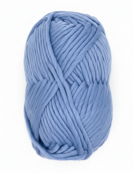 Bulky Weight Yarn 100% Merino Wool Super Bulky Yarn Weight 6 Chunky Natural Wool Yarn for Knitting & Crochet Quick Project Yarn. A single ball of light periwinkle blue chunky yarn with a red and white paper label reading 'World of West Chubbs Super Chunky 100% Merino Yarn', set against a white marble background.