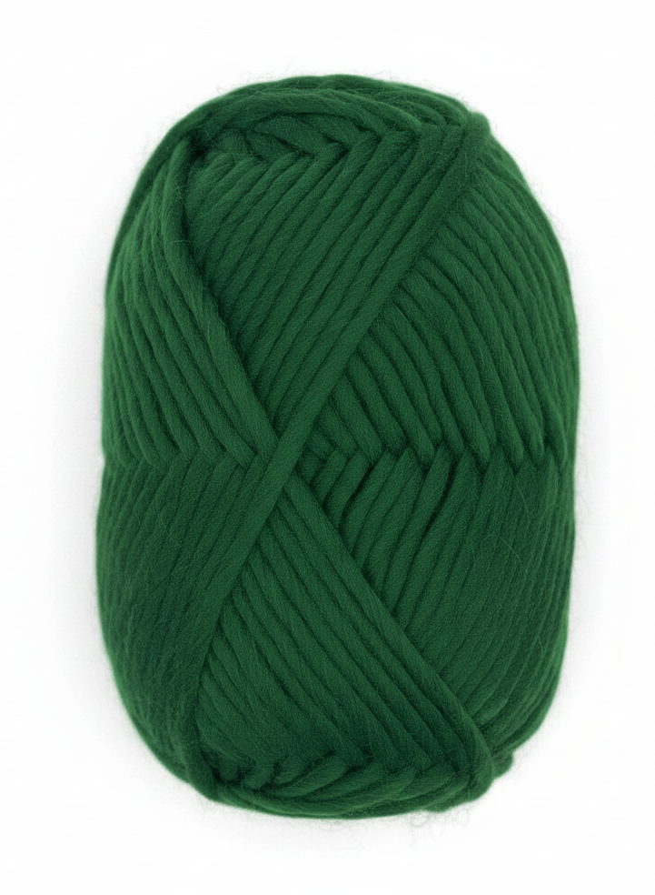 Bulky Weight Yarn 100% Merino Wool Super Bulky Yarn Weight 6 Chunky Natural Wool Yarn for Knitting & Crochet Quick Project Yarn. A ball of dark green Chubbs merino yarn with its red and white paper label, set against a light gray marble background.